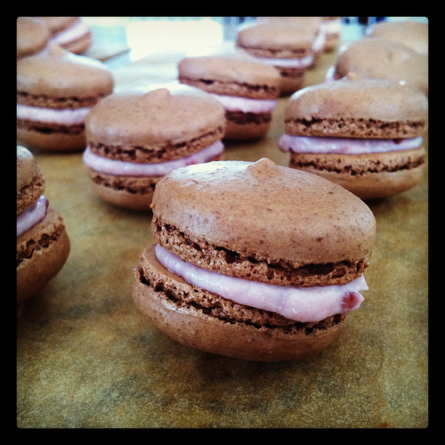 Chocolate macarons with raspberry mascarpone filling